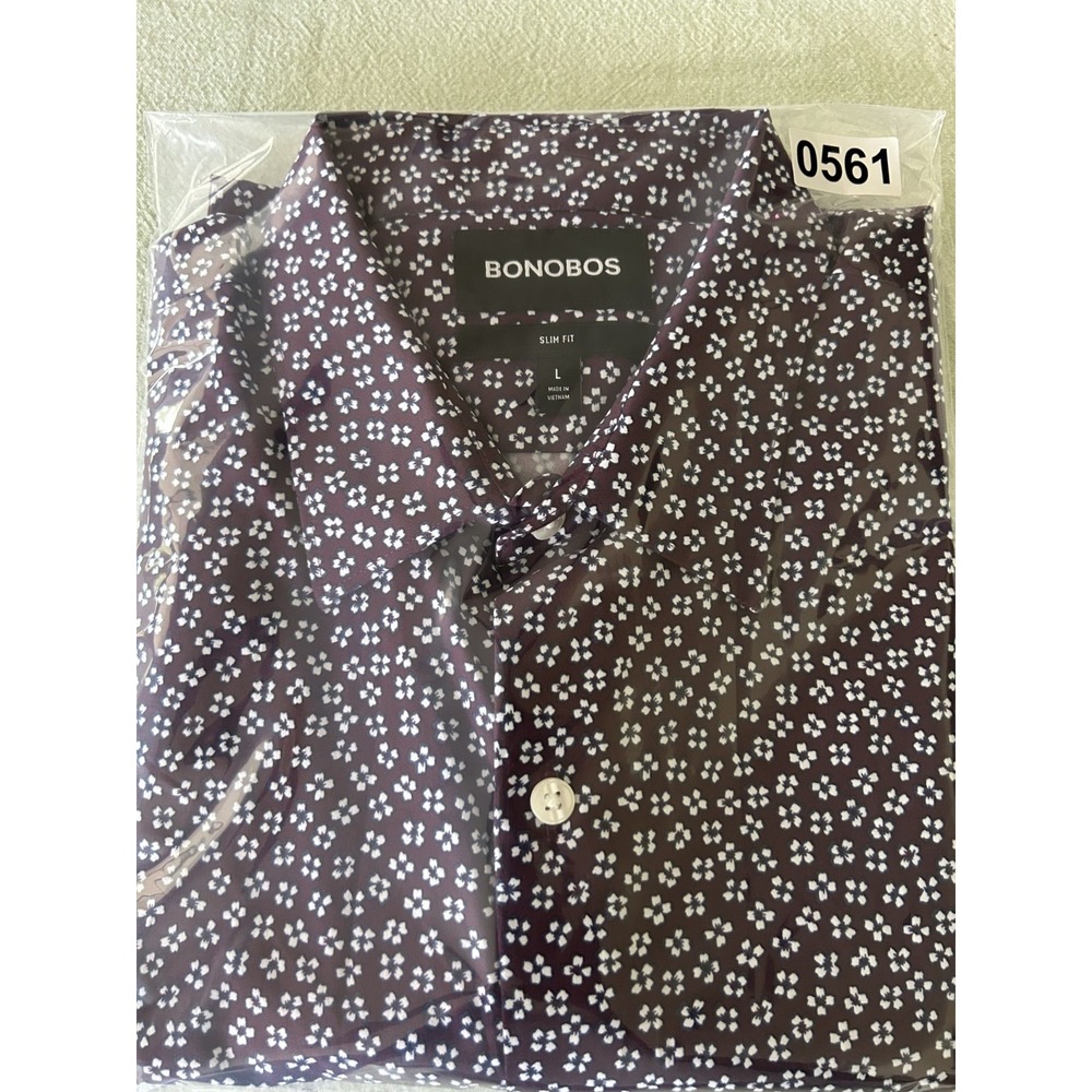 Bonobos Mens L Slim Fit Shirt LS Button Down Stretch Burgundy White Flowers - Picture 14 of 14
